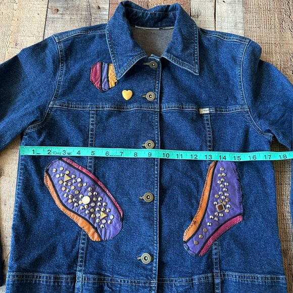 Lizwear Jeans Women's Upcycled Custom Button Up Denim Jacket Studded Patches - Picture 5 of 10